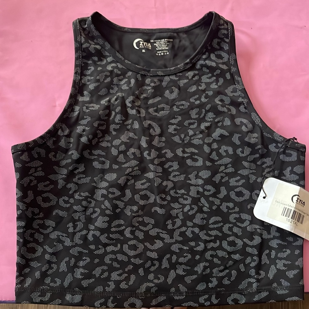 ZYIA Activewear- Black Leopard Reflective Hi- Neck Stronger Tank